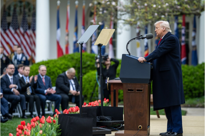 President Trump speaks to onlookers on April 2, 2025, about the Liberation Day tariffs (Photo By: Daniel Torok/The White House).